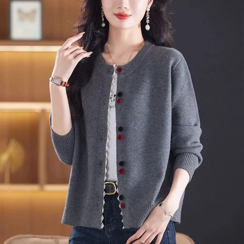 氣質百搭休閒寬松洋氣圓領針織開衫-lululam