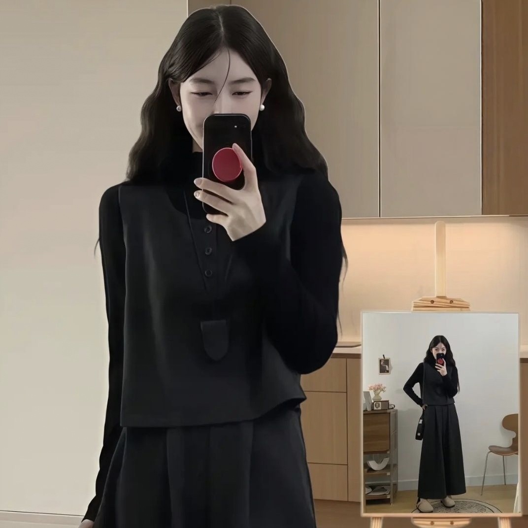 【單件/套裝】復古輕熟毛呢馬甲+長袖T恤+顯瘦闊腿褲三件套裝-lululam