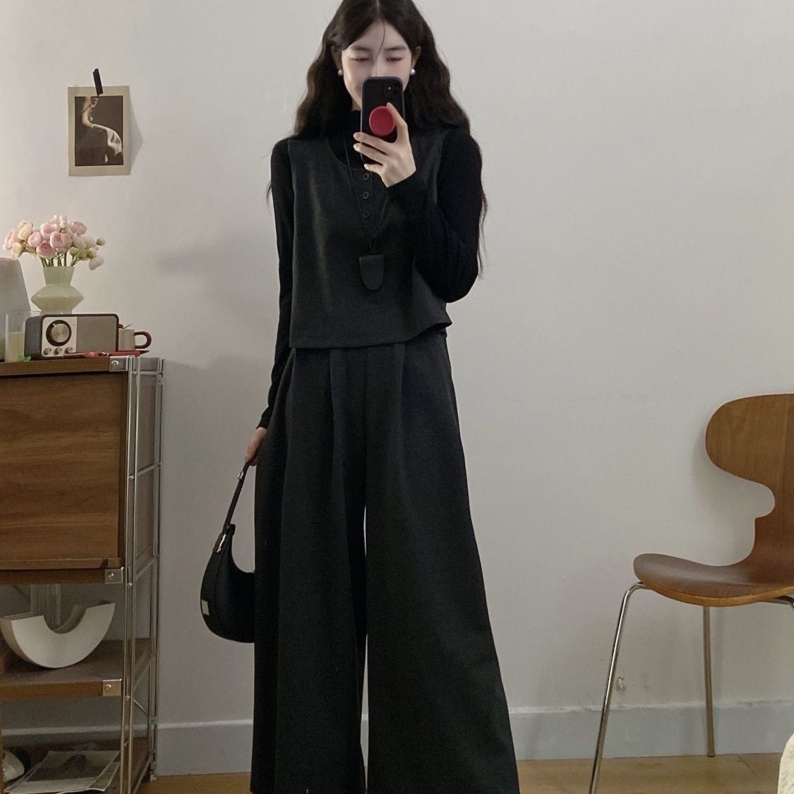 【單件/套裝】復古輕熟毛呢馬甲+長袖T恤+顯瘦闊腿褲三件套裝-lululam