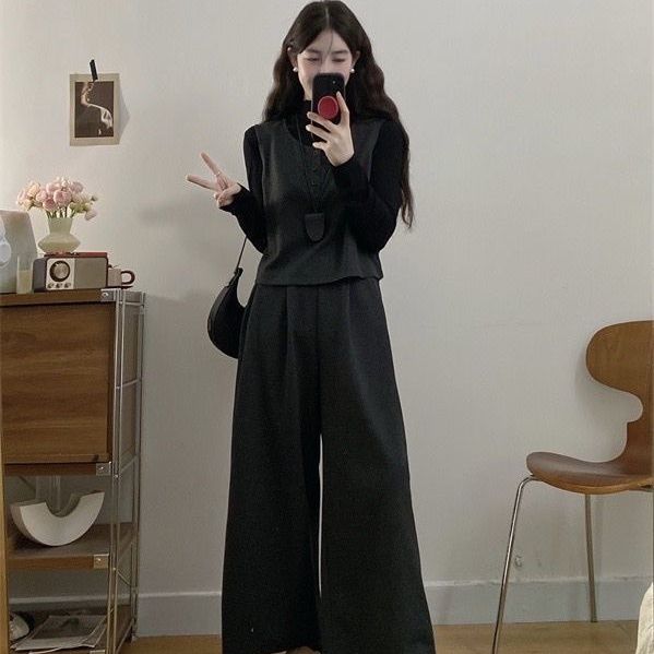 【單件/套裝】復古輕熟毛呢馬甲+長袖T恤+顯瘦闊腿褲三件套裝-lululam