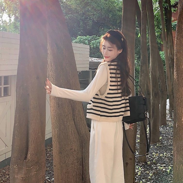 【單件/套裝】韓版ins條紋馬甲+長袖T恤+白色休閒牛仔褲三件套裝-lululam