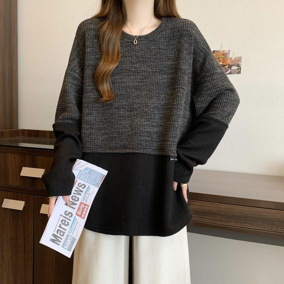 2色設計感拼接寬鬆慵懶撞色長袖T恤-lululam