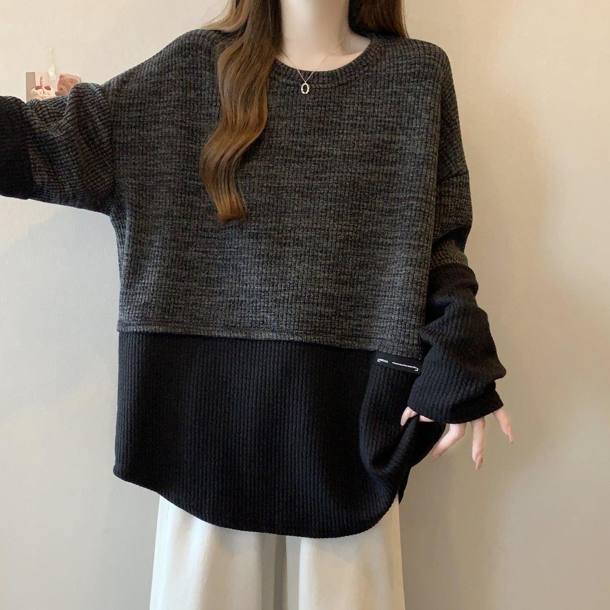 2色設計感拼接寬鬆慵懶撞色長袖T恤-lululam