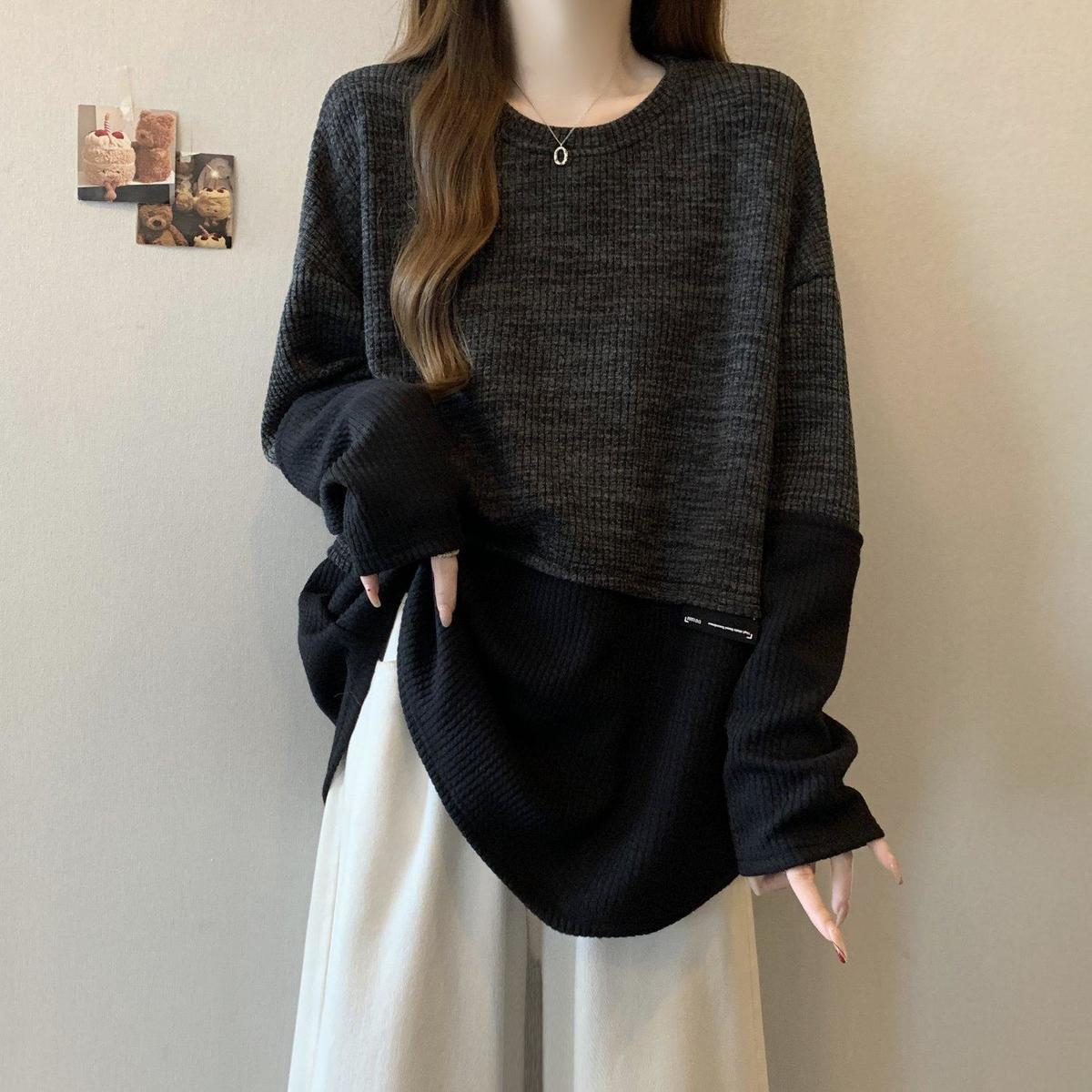 2色設計感拼接寬鬆慵懶撞色長袖T恤-lululam