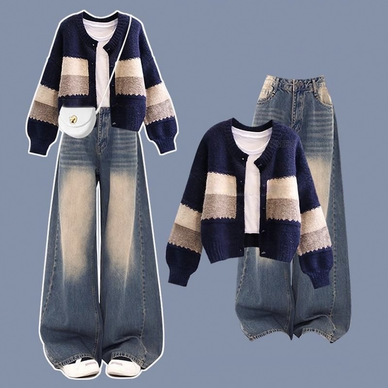 【單件/套裝】復古慵懶撞色針織開衫+收腰顯瘦做舊牛仔闊腿褲兩件套-lululam