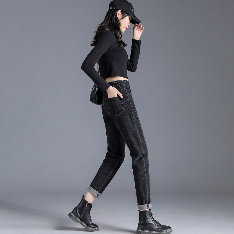 微喇型鬆緊高腰港風顯瘦小脚哈倫牛仔褲-lululam