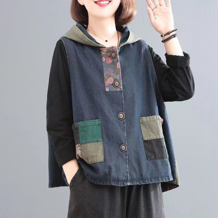 大碼復古做舊連帽印花拼接減齡牛仔馬甲外套
