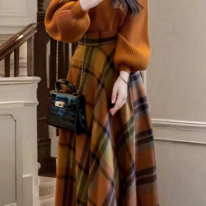 【單件/套裝】法式復古溫柔風氣質針織毛衣+格紋半身裙兩件套