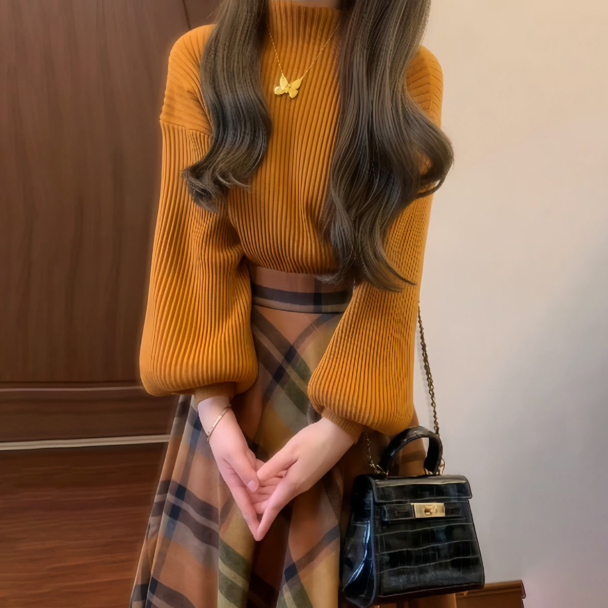 【單件/套裝】法式復古溫柔風氣質針織毛衣+格紋半身裙兩件套