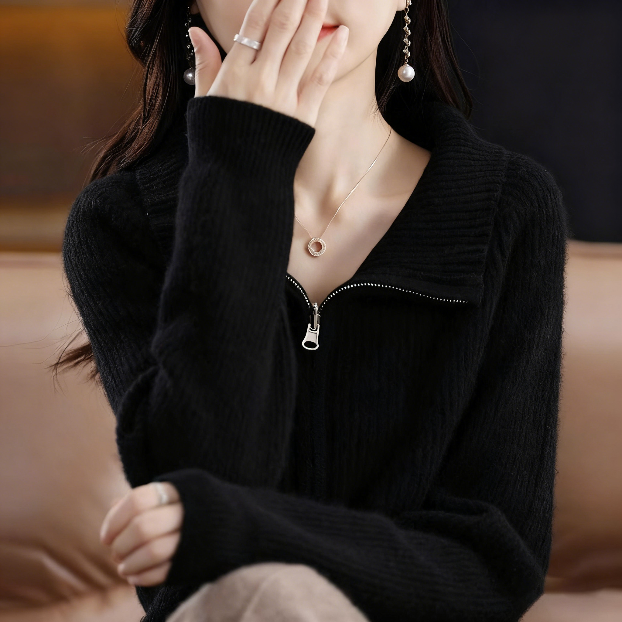 拉鍊羊毛外套粗針加厚寬鬆針織開衫