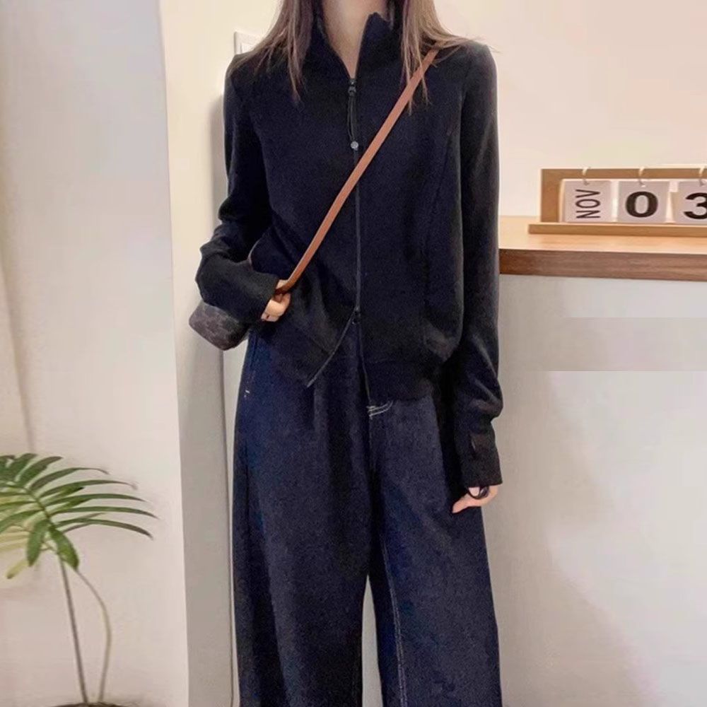 雙拉鍊立領德絨休閒短款開衫外套