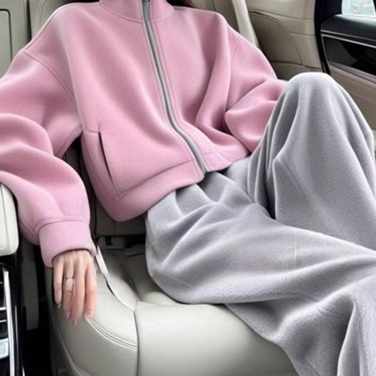 【單件/套裝】顯高穿搭粉色外套+休閒運動闊腿褲兩件套裝