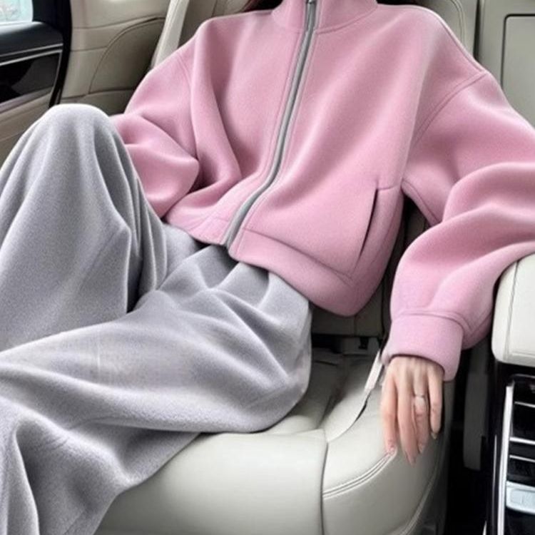 【單件/套裝】顯高穿搭粉色外套+休閒運動闊腿褲兩件套裝