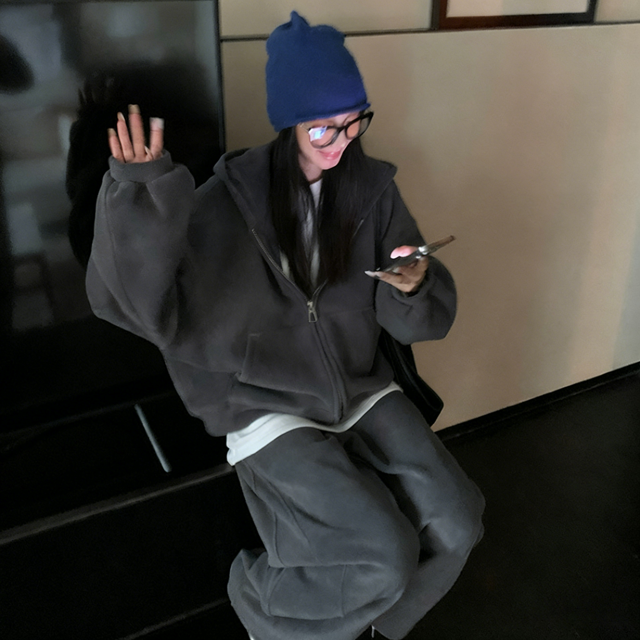 【整套】洋氣時髦大碼顯瘦連帽T+運動休閒闊腿褲兩件套