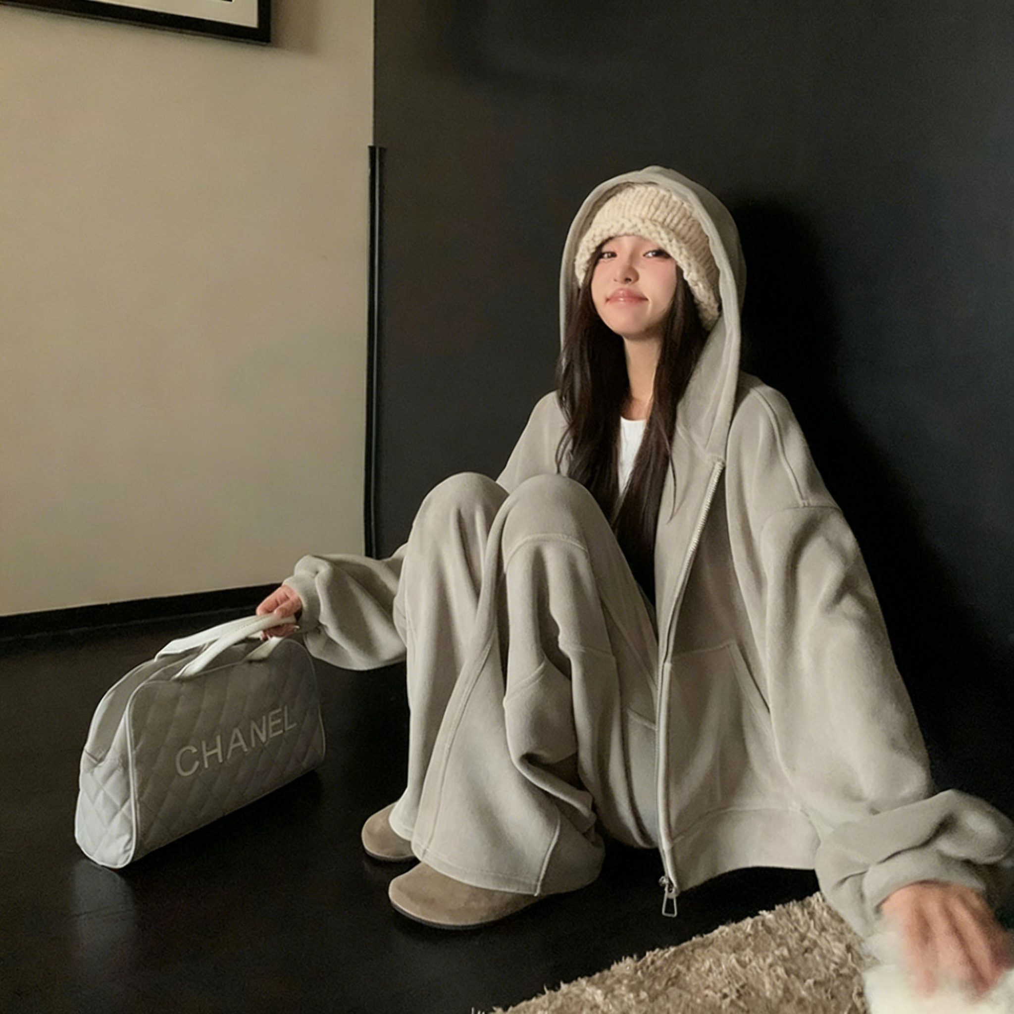 【整套】洋氣時髦大碼顯瘦連帽T+運動休閒闊腿褲兩件套