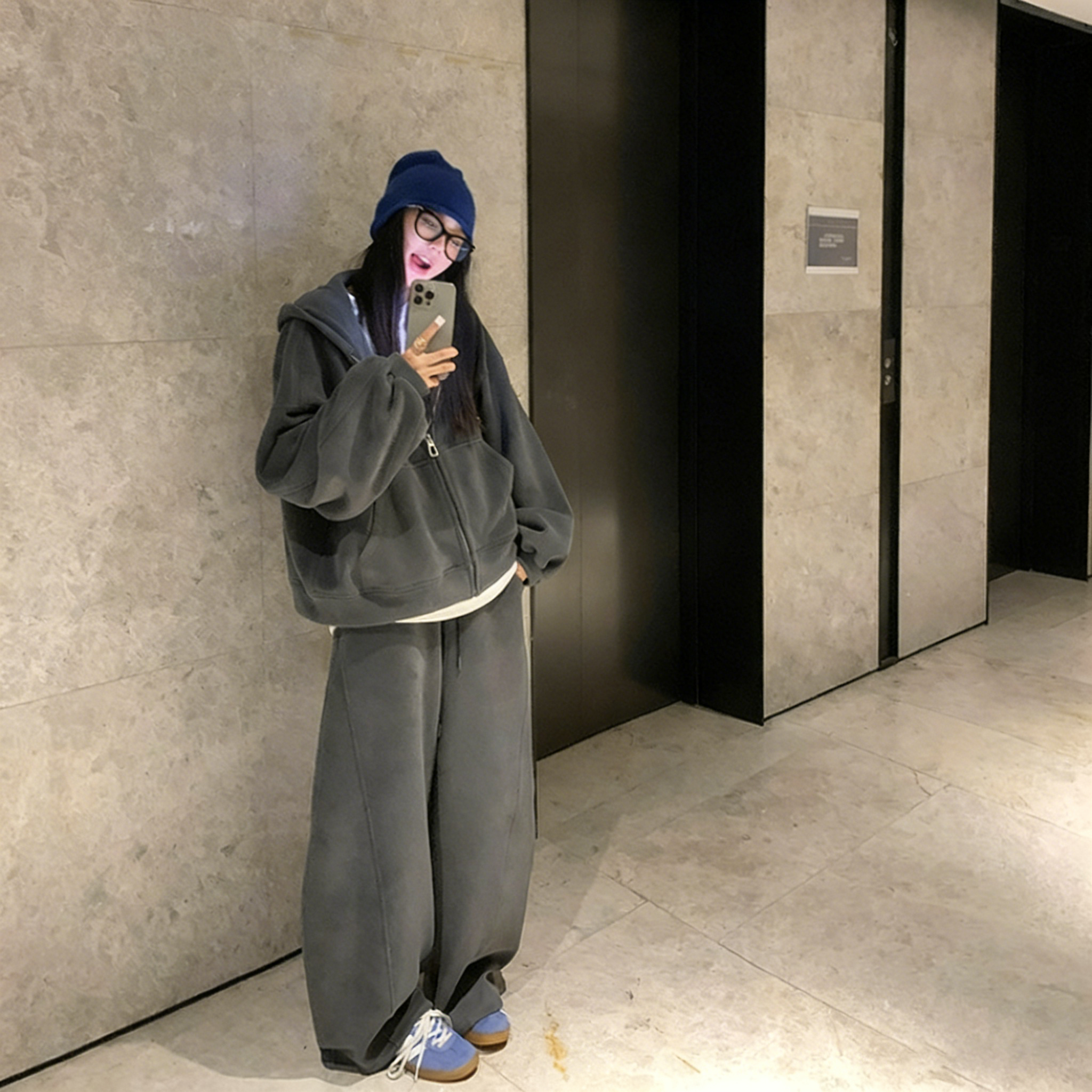 【整套】洋氣時髦大碼顯瘦連帽T+運動休閒闊腿褲兩件套