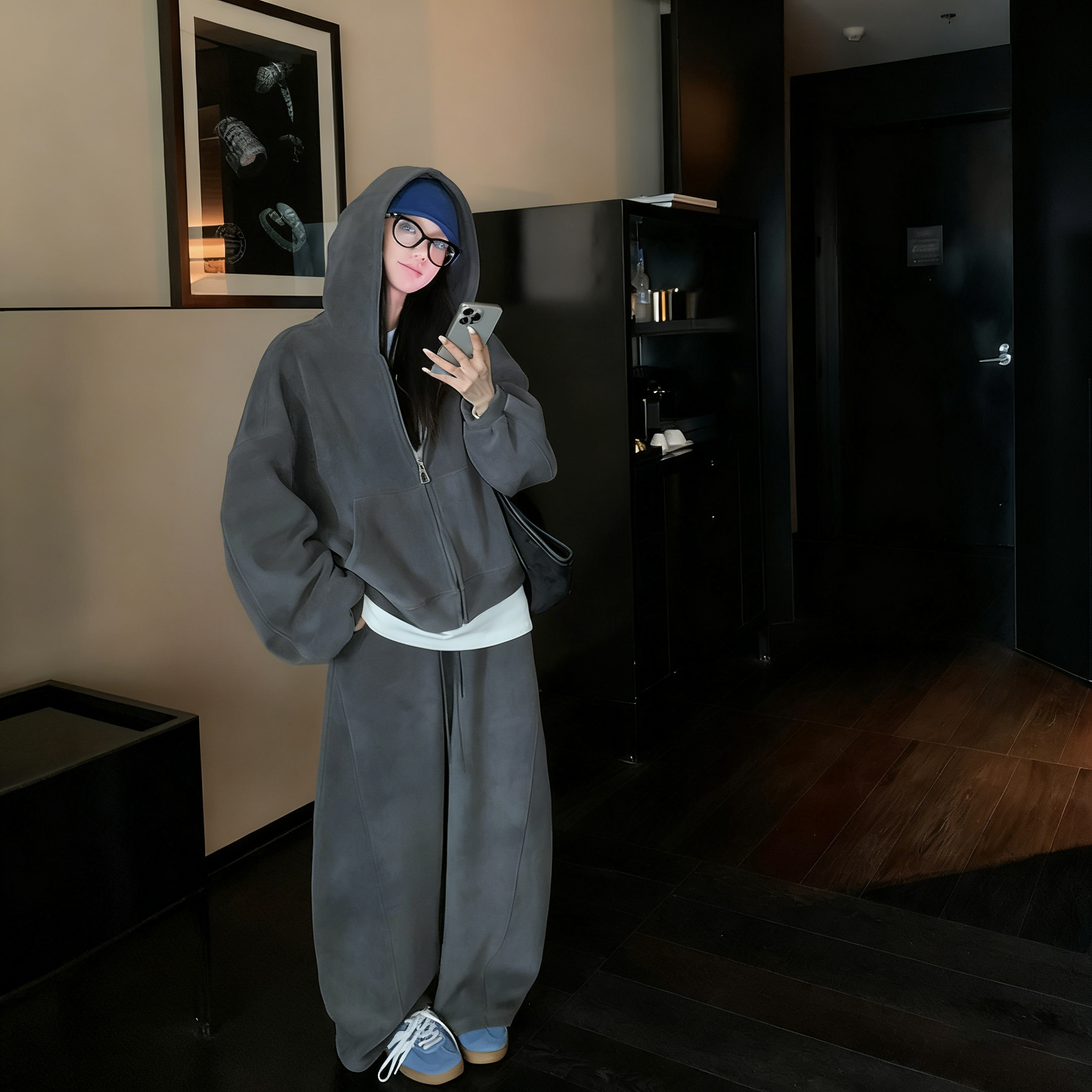 【整套】洋氣時髦大碼顯瘦連帽T+運動休閒闊腿褲兩件套