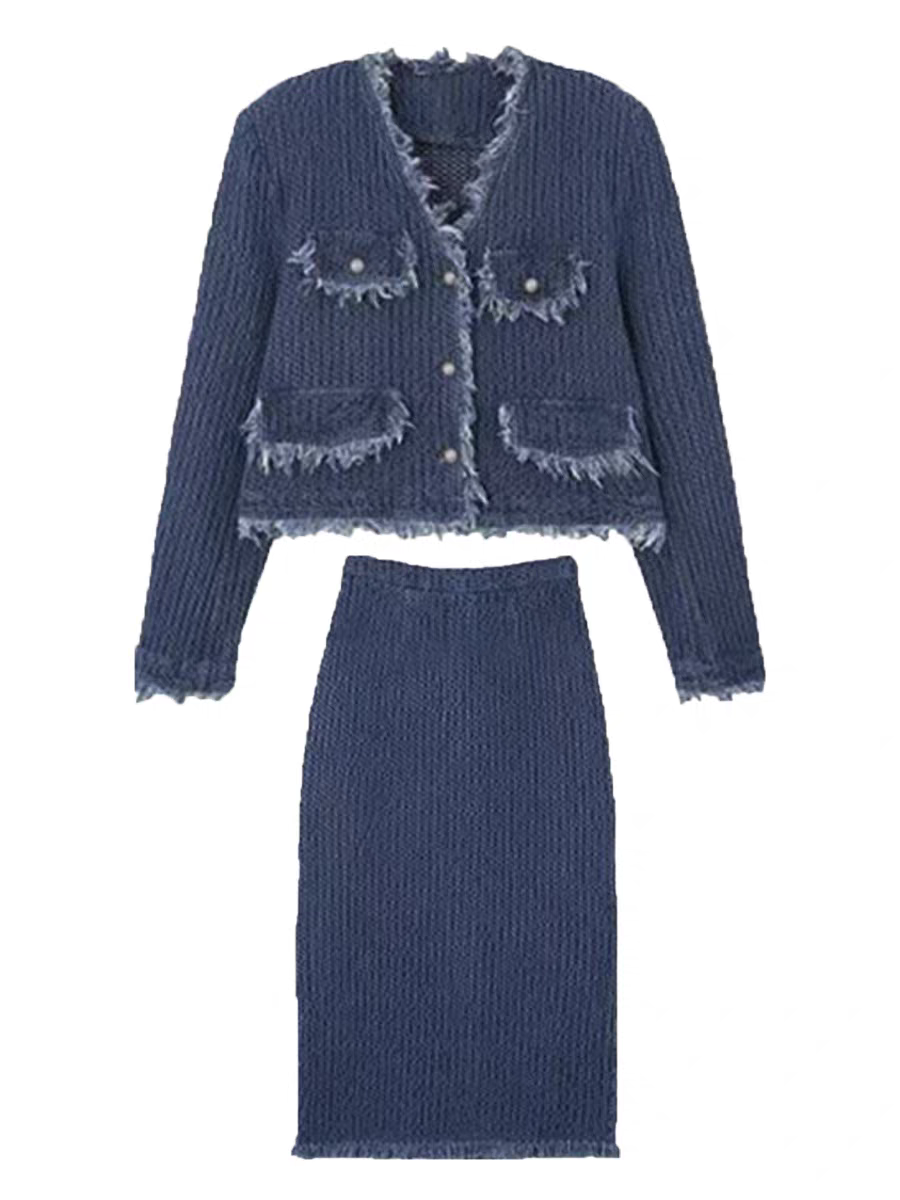 【單件/套裝】高級感毛邊小香風外套+設計感襯衫+高腰半身裙三件套裝