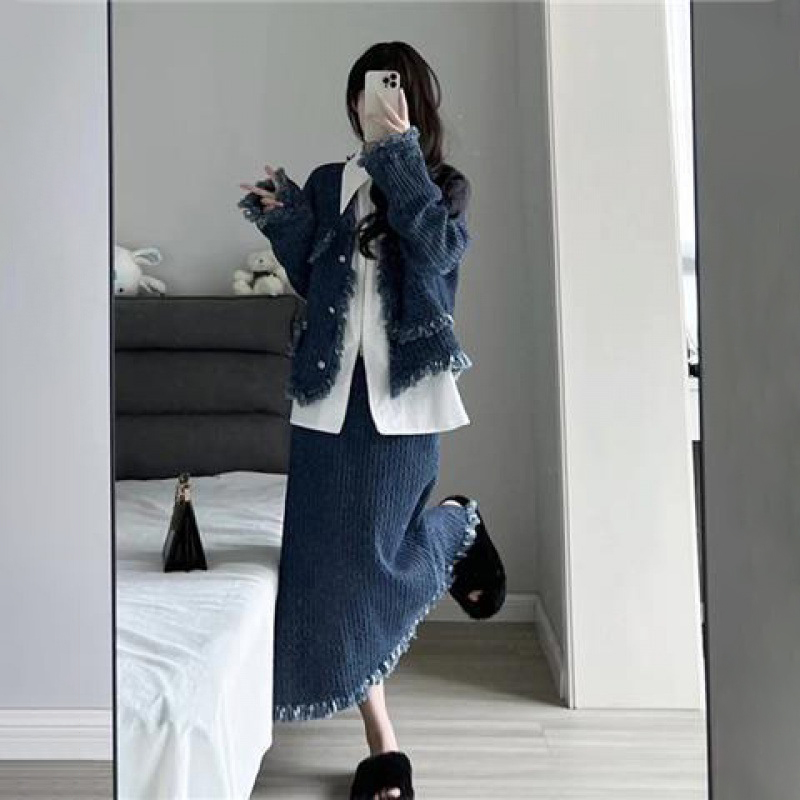 【單件/套裝】高級感毛邊小香風外套+設計感襯衫+高腰半身裙三件套裝