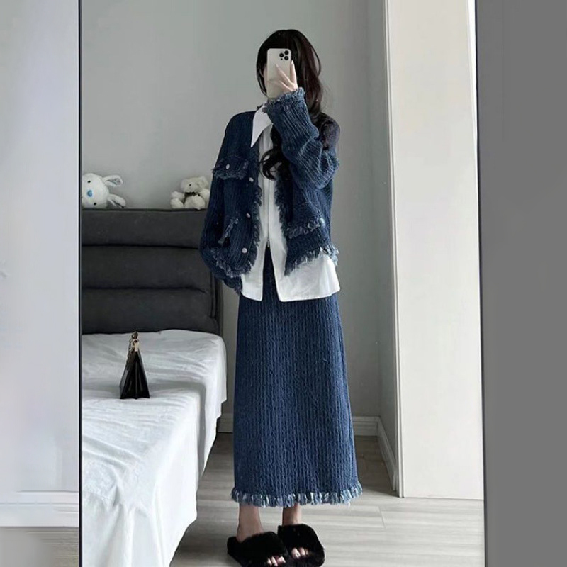 【單件/套裝】高級感毛邊小香風外套+設計感襯衫+高腰半身裙三件套裝