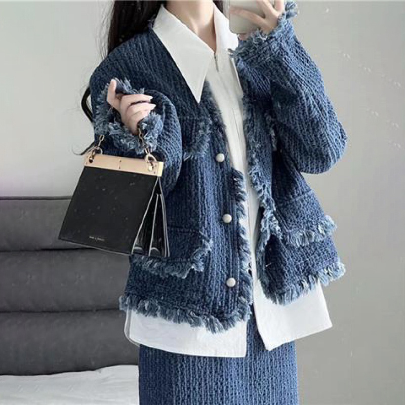 【單件/套裝】高級感毛邊小香風外套+設計感襯衫+高腰半身裙三件套裝