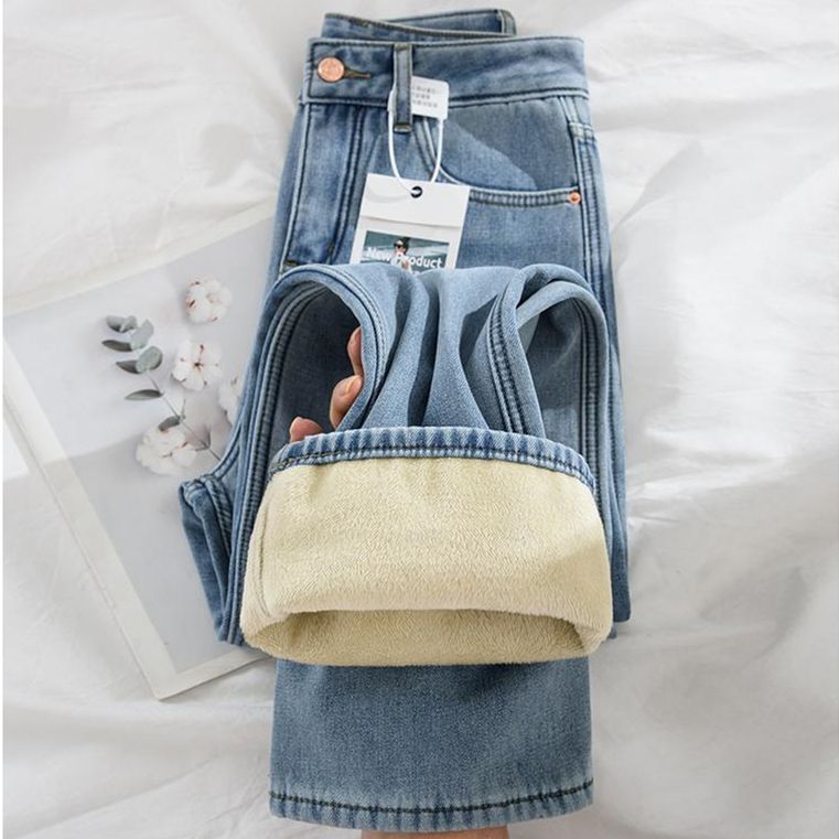 加厚刷毛窄版闊腿高腰寬鬆顯瘦直筒牛仔褲