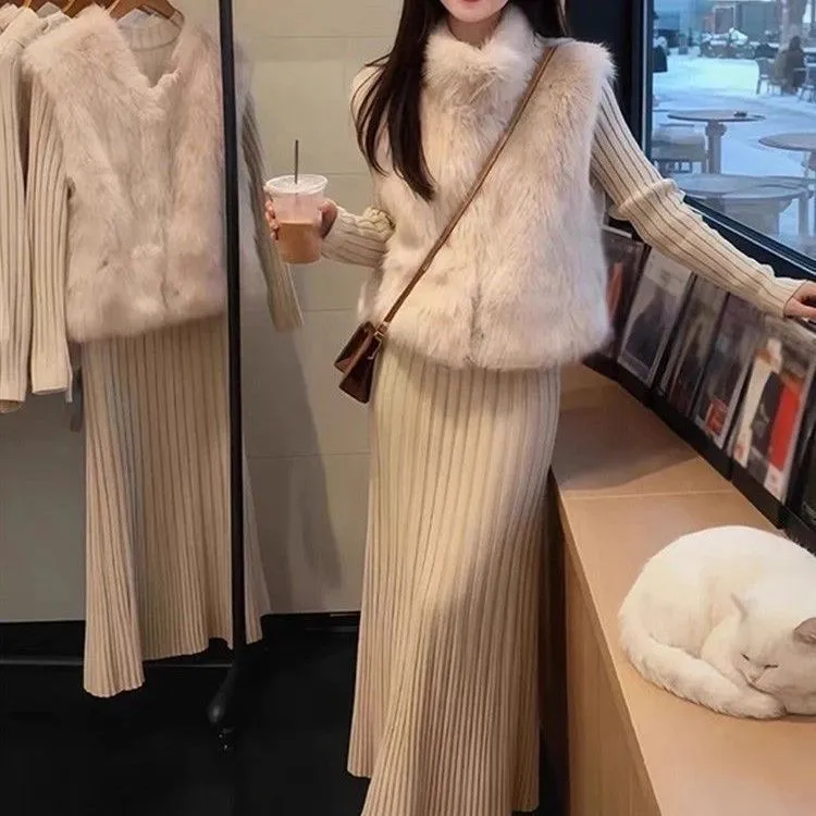 【單件/套裝】百搭顯瘦毛馬甲+針織洋裝兩件套裝