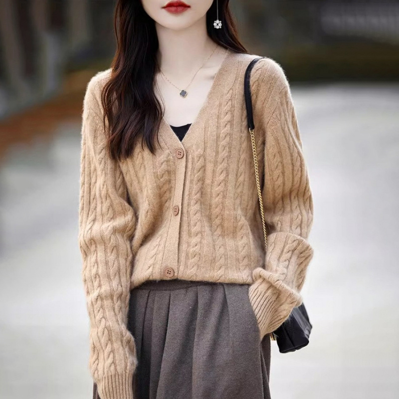 韓版復古麻花寬鬆長袖素色V領針織開衫