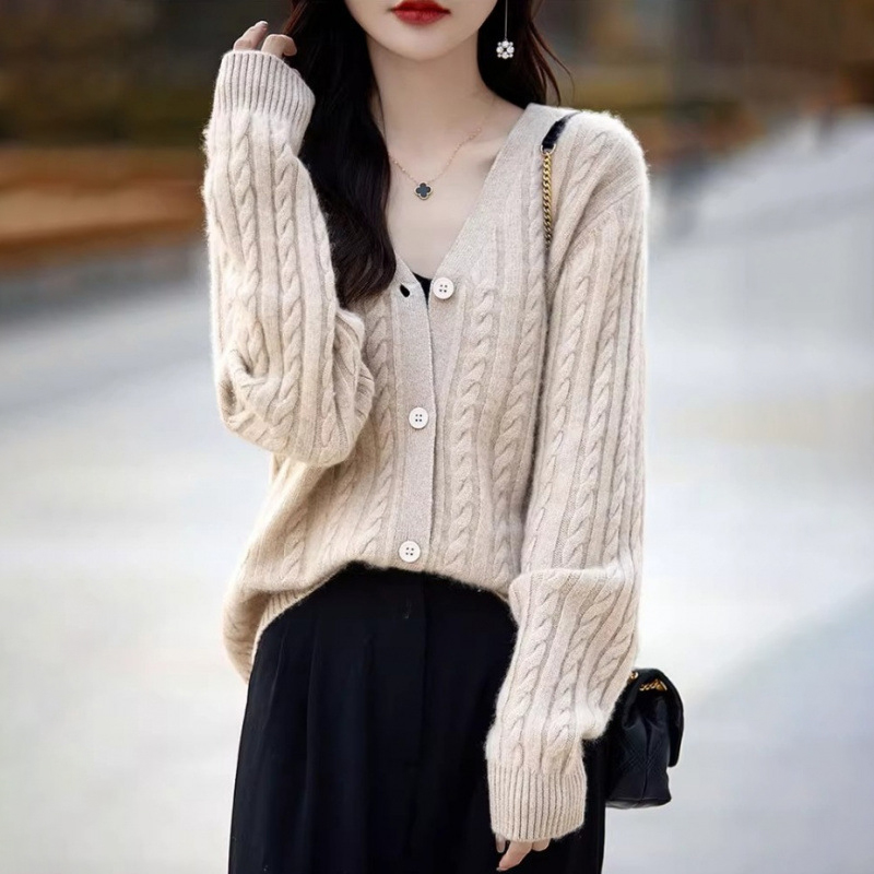 韓版復古麻花寬鬆長袖素色V領針織開衫