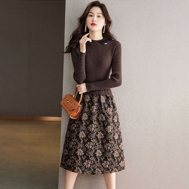 顯瘦過膝假兩件刺繡拼接針織洋裝
