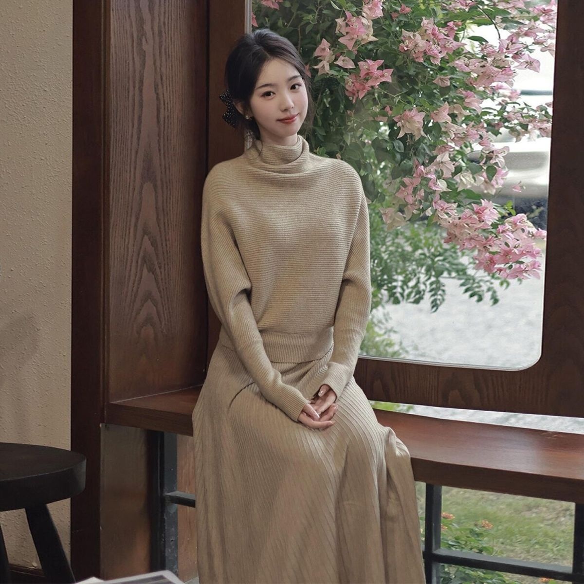 【單件/套裝】法式高領針織衫+高腰半身長裙兩件套