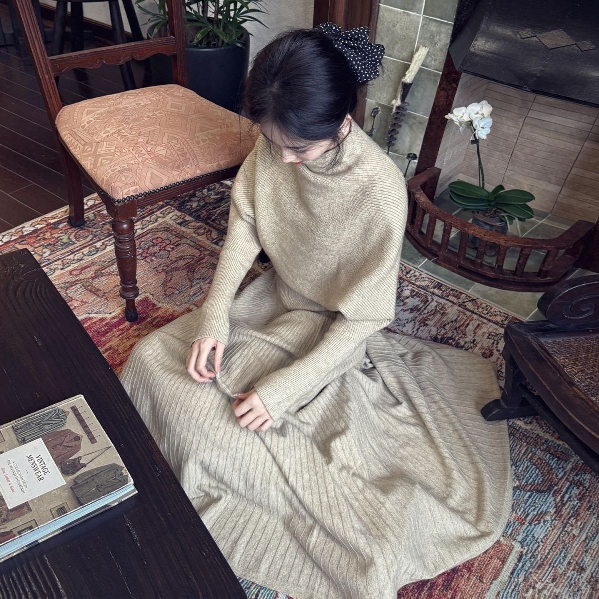 【單件/套裝】法式高領針織衫+高腰半身長裙兩件套