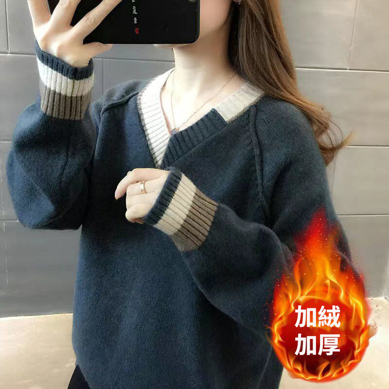 韓版寬鬆顯瘦套頭撞色v領針織衫