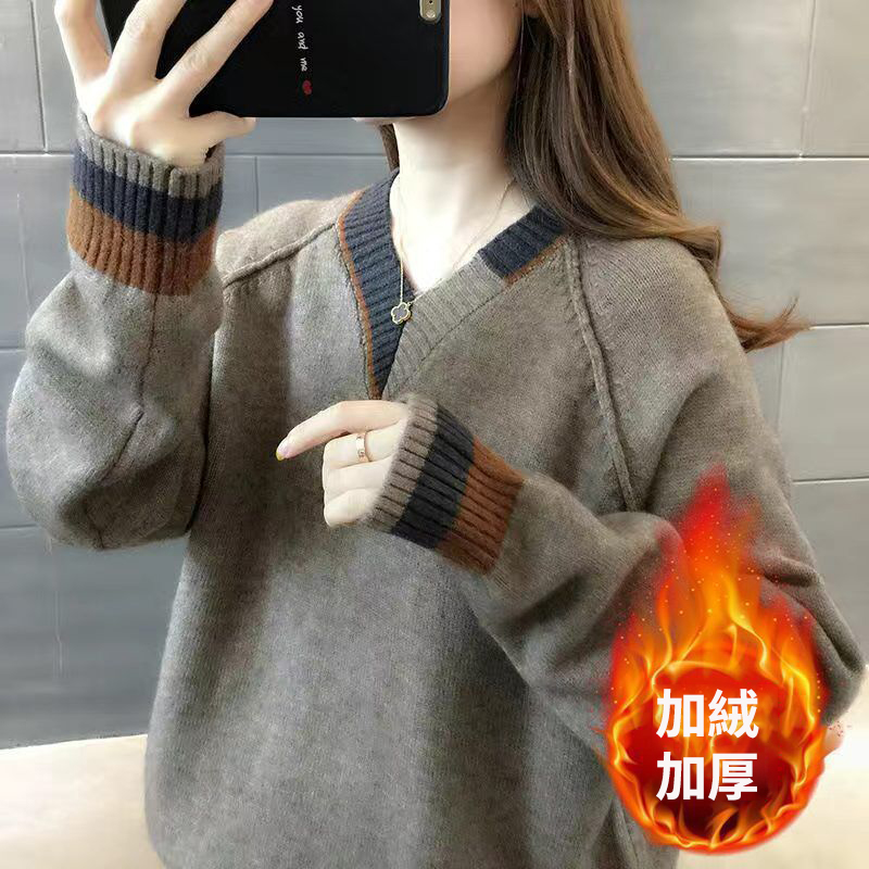 韓版寬鬆顯瘦套頭撞色v領針織衫