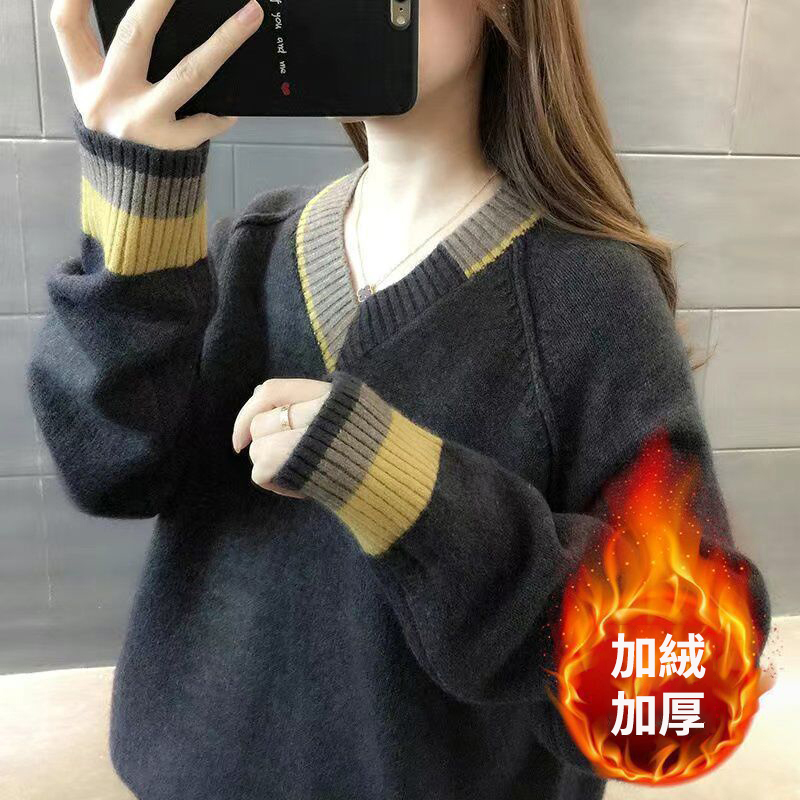 韓版寬鬆顯瘦套頭撞色v領針織衫