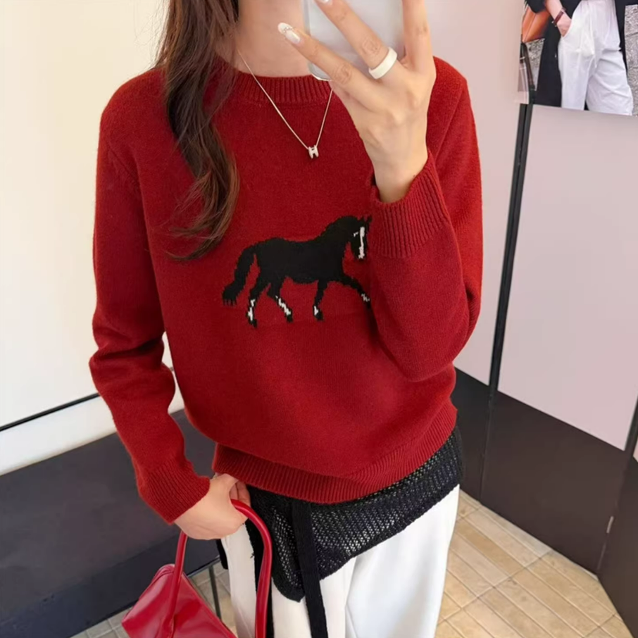 【限定款】卡通小馬提花減齡圓領針織衫