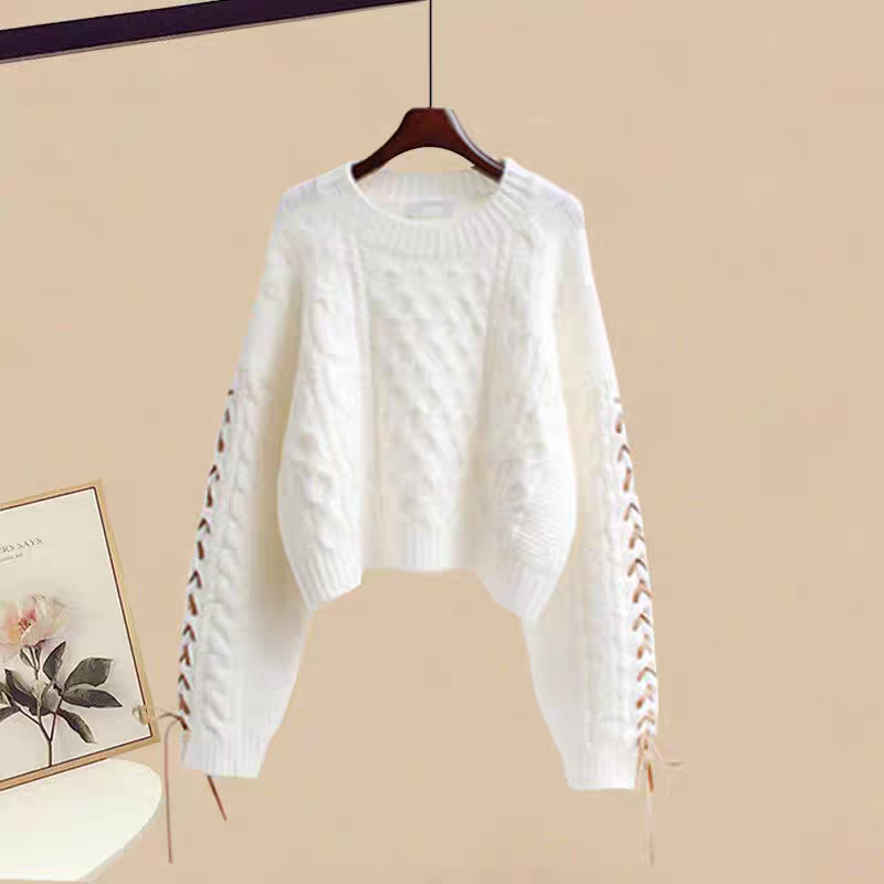 【單件/套裝】寬鬆圓領系帶針織毛衣+百搭吊帶裙兩件套