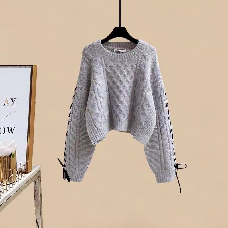 【單件/套裝】寬鬆圓領系帶針織毛衣+百搭吊帶裙兩件套