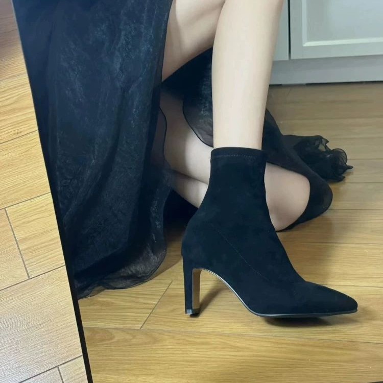 尖頭百搭粗跟絨面短靴高跟靴