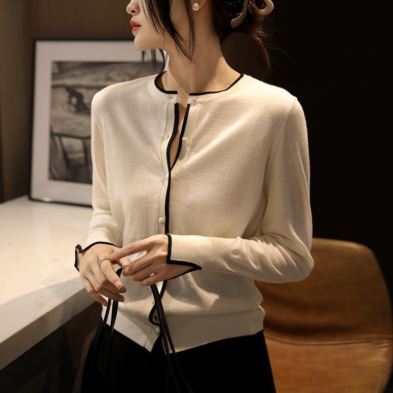 圓領簡約通勤拼色氣質長袖針織開衫