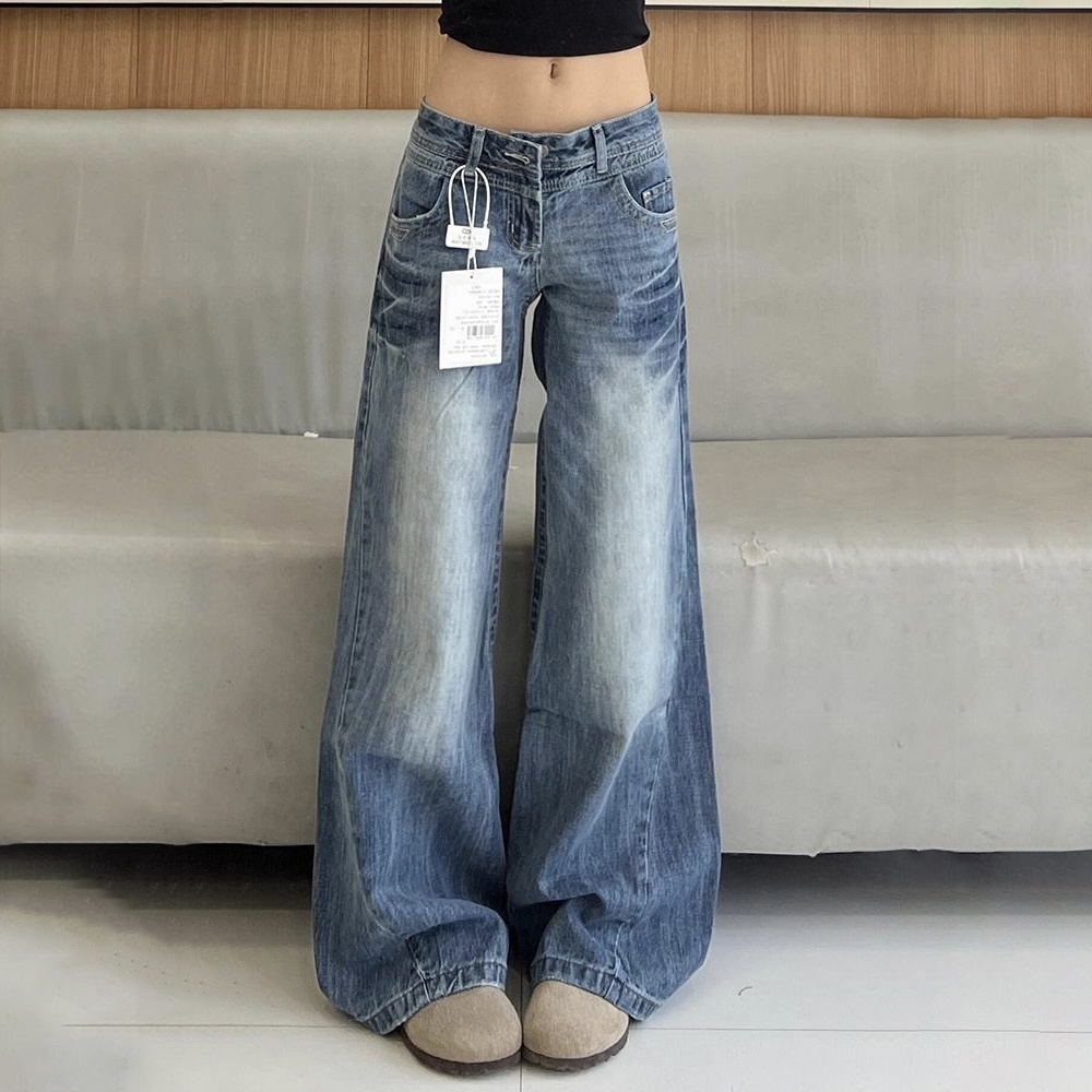 美式微喇低腰顯瘦闊腿拖地牛仔褲