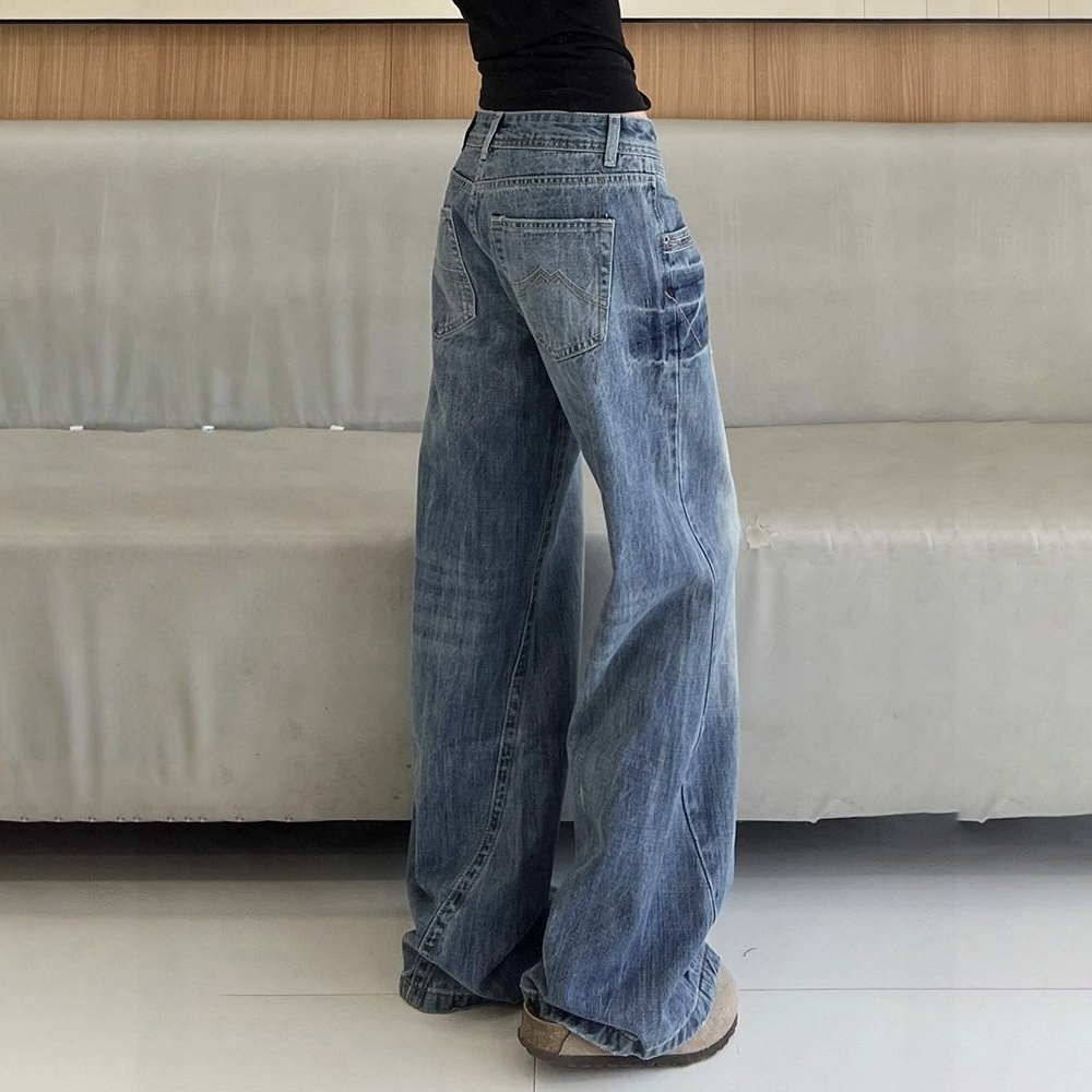 美式微喇低腰顯瘦闊腿拖地牛仔褲