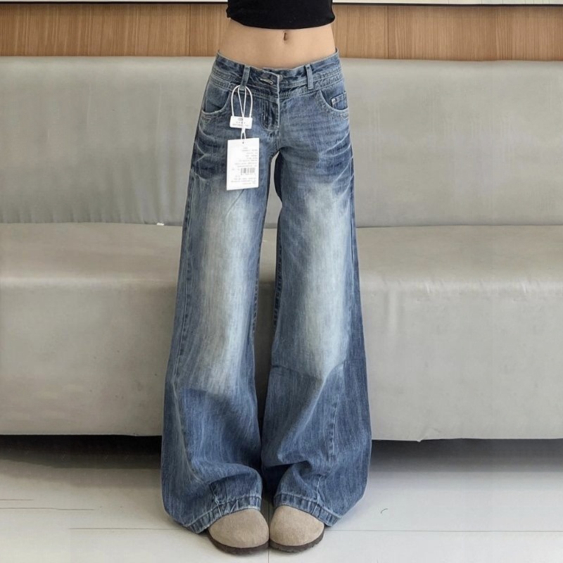 美式微喇低腰顯瘦闊腿拖地牛仔褲