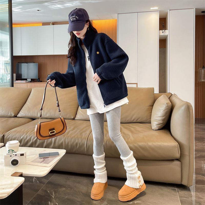 韓版笑臉刺繡拉鍊加厚立領羊羔絨外套