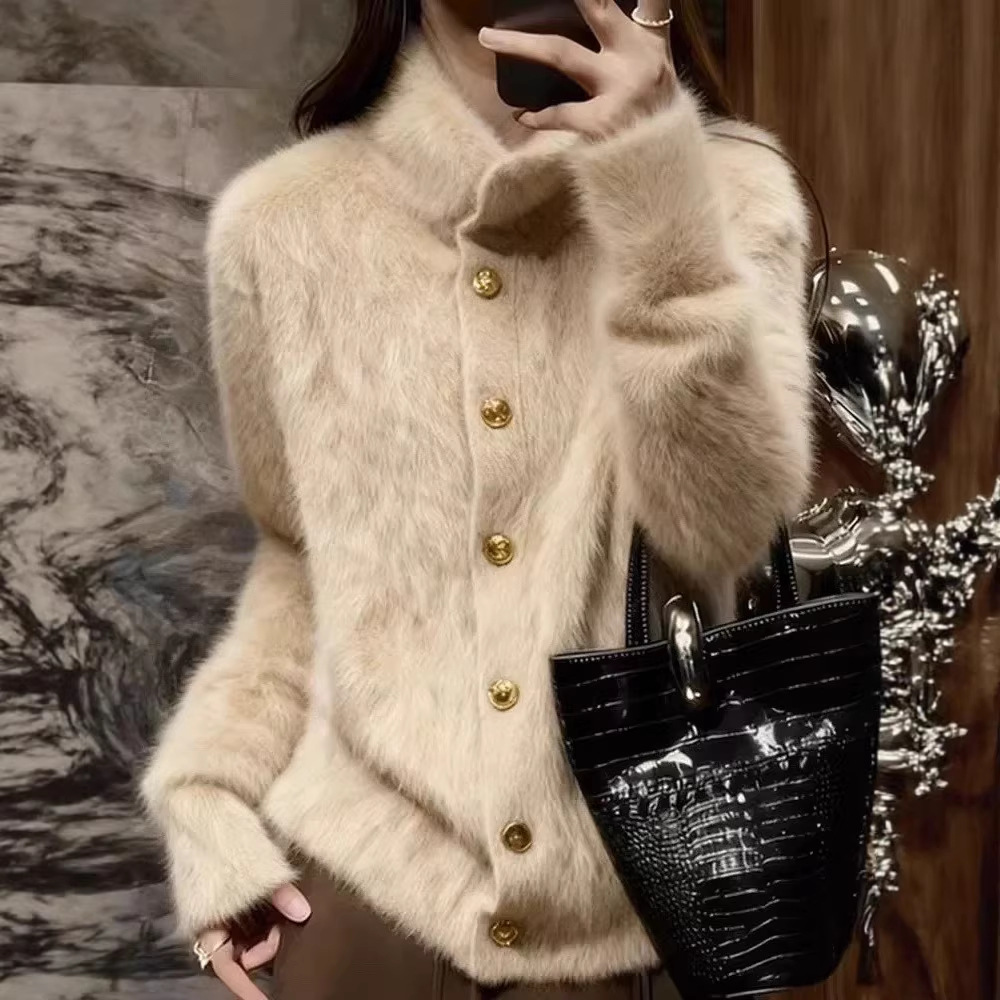 仿水貂韓系慵懶毛衣外套寬鬆針織開衫