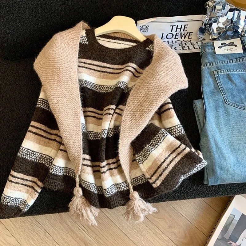 【整套】正肩疊穿針織衫披肩條紋兩件套