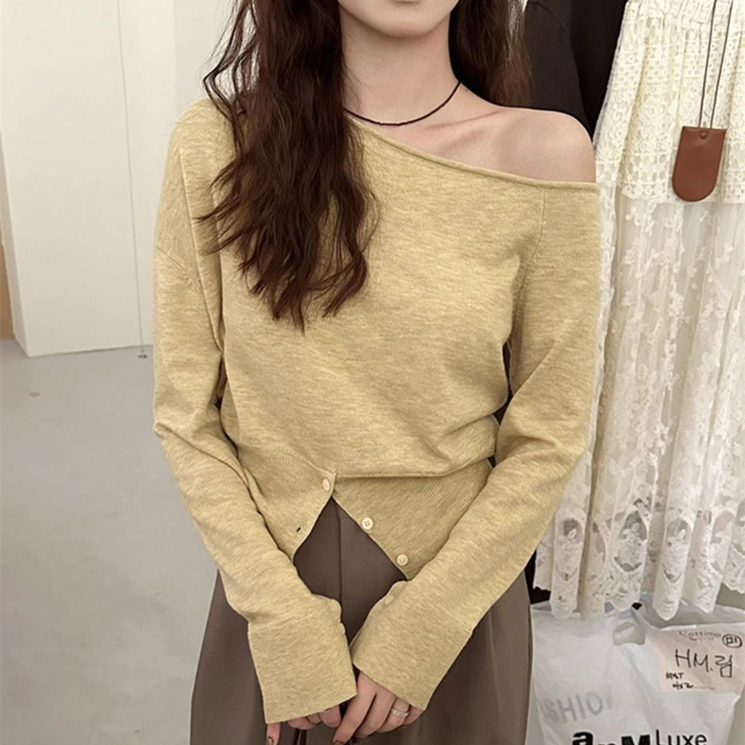 斜肩下擺開衩法式氣質長袖針織衫