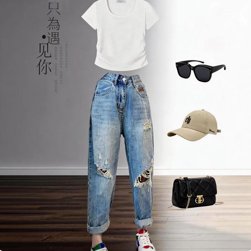 大碼時尚寬鬆破洞薄款顯瘦九分哈倫牛仔褲