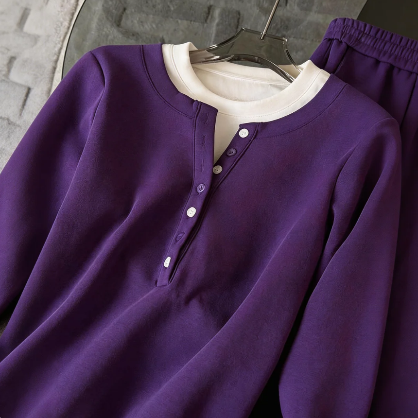 【整套】設計感假兩件長袖T恤+紫色運動褲兩件套