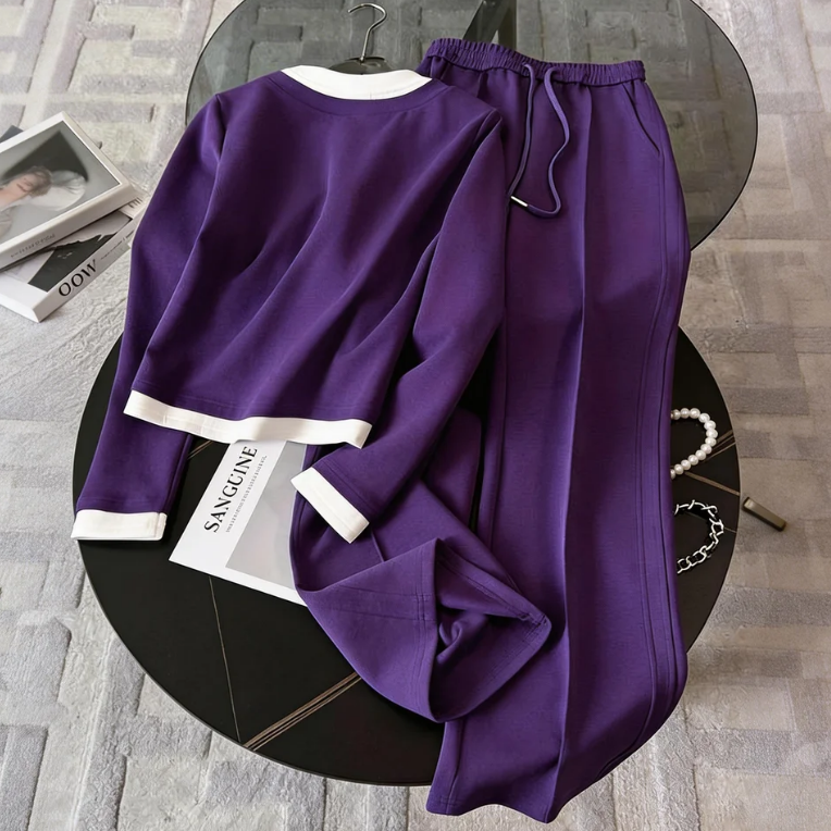 【整套】設計感假兩件長袖T恤+紫色運動褲兩件套